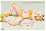  azasuke bikini blonde_hair breasts closed_eyes earrings eyes_closed female flippers hair_ribbon highres jewelry leg_lift lying marin midriff navel on_back ribbon sleeping solo spread_legs swimsuit umi_monogatari watermark 