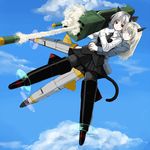  animal_ears black_legwear blonde_hair cat_ears cat_tail closed_eyes cloud day eila_ilmatar_juutilainen fox_ears highres hug hug_from_behind long_hair military military_uniform multiple_girls necktie pantyhose rocket_launcher ryou@ryou sanya_v_litvyak short_hair silver_hair sky strike_witches striker_unit tail uniform weapon world_witches_series 