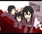  black_hair braids brown_eyes durarara! glasses group orihara_izaya orihara_kururi orihara_mairu short_hair skirt twins 