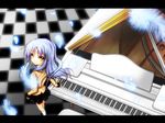  angel_beats! blazer blue_hair feathers grand_piano haruyonoto instrument jacket long_hair looking_up piano school_uniform skirt socks solo tenshi_(angel_beats!) yellow_eyes 