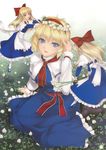  absurdres alice_margatroid blonde_hair bow capelet clover clover_(flower) doll flower hair_bow hairband head_wreath highres kneeling long_hair mary_janes minigirl nature ribbon rokuwata_tomoe shanghai_doll shoes short_hair solo touhou 