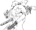  damaged greyscale gun hair_ornament hair_ribbon hairclip highres kagamine_rin lineart monochrome nude ribbon robot solo vocaloid weapon yamamoto_senko 