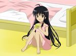  ahoge bad_id bad_pixiv_id barefoot bed bread dress flat_chest food highres kemickoko legs melon_bread shakugan_no_shana shana sitting solo strap_slip sundress 