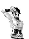  belt bottle choker corset drinking greyscale lolalol male_focus manly monochrome muscle open_mouth sexually_suggestive shirtless simon solo suggestive_fluid tengen_toppa_gurren_lagann water wet 