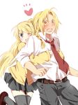  1girl bad_id bad_pixiv_id blonde_hair blue_eyes blush braid colored_eyelashes couple edward_elric eyelashes fullmetal_alchemist glomp happy heart hetero hug hug_from_behind long_hair mitsu_yomogi necktie one_eye_closed thighhighs winry_rockbell yellow_eyes 