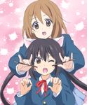  animal_ears black_hair blazer blush brown_eyes brown_hair cat_ears food gongitsune_(gongitune2) hair_ornament hairclip hirasawa_yui jacket k-on! long_hair multiple_girls nakano_azusa neck_ribbon one_eye_closed open_mouth pocky red_ribbon ribbon round_teeth school_uniform short_hair skirt smile teeth twintails 