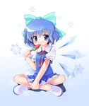  bad_id bad_pixiv_id blue_eyes blue_hair bow cirno eating elixir16 food hair_bow popsicle short_hair solo touhou watermelon_bar wings 