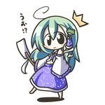  aoblue blush chibi frog frog_hair_ornament hair_ornament highres kochiya_sanae long_hair midriff snake_hair_ornament solo touhou 