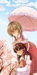  ascot bad_id bad_pixiv_id broom brown_hair cherry_blossoms closed_eyes cloud day green_hair hair_tubes hakurei_reimu halu-natsu kazami_yuuka long_hair multiple_girls petals plaid plaid_skirt plaid_vest red_eyes short_hair skirt skirt_set sky touhou tree umbrella vest 