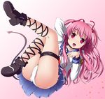  ahoge angel_beats! ankle_lace-up ass choker cross-laced_footwear demon_tail highres lambda_(kusowarota) legs long_hair lying on_back open_mouth panties pink_eyes pink_hair school_uniform serafuku skirt solo tail thigh_strap two_side_up underwear very_long_hair white_panties yui_(angel_beats!) 