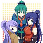  alternate_hairstyle armor belt blue_eyes blue_hair fire_emblem fire_emblem:_akatsuki_no_megami fire_emblem:_souen_no_kiseki green_eyes green_hair ilyana multiple_girls nephenee ponytail purple_eyes purple_hair sakusaku_(neki) scarf smile thighhighs wayu_(fire_emblem) 