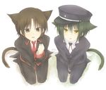  angel_beats! animal_ears brown_eyes brown_hair cat_ears cat_tail company_connection crossover green_hair hat key_(company) kneeling little_busters! male_focus multiple_boys naoe_riki naoi_ayato school_uniform tail yellow_eyes yuzura_(tsukiyuri) 