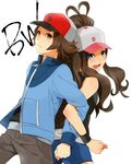  1girl asa_(oaasvxr) bad_id bad_pixiv_id baseball_cap blue_eyes brown_eyes brown_hair hat jacket locked_arms pokemon pokemon_(game) pokemon_bw ponytail touko_(pokemon) touya_(pokemon) 