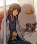  bad_id bad_pixiv_id brown_hair closed_eyes elizabeth_(gintama) gintama japanese_clothes katsura_kotarou kimono leaning long_hair magazine male_focus meta nuriko-kun sleeping sleeping_upright train_interior 