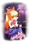  alternate_hairstyle bad_id bad_pixiv_id blush bow chain crossed_legs ging_(tokushima) glass gourd hair_bow hand_on_own_face highres horns ibuki_suika long_hair orange_hair purple_eyes sitting solo table touhou wrist_cuffs 