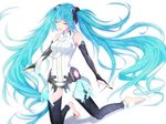  anklet aqua_hair avelixir bad_id bad_pixiv_id barefoot bridal_gauntlets closed_eyes elbow_gloves feet gloves hatsune_miku hatsune_miku_(append) jewelry kneeling long_hair necktie simple_background solo thighhighs toeless_legwear twintails very_long_hair vocaloid vocaloid_append 