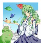  atami detached_sleeves frog green_eyes green_hair hair_ornament kochiya_sanae long_hair pyonta snake solo touhou ufo 