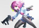  angel_beats! beretta_92 black_legwear explosive green_eyes grenade gun h&amp;k_mp5 h&amp;k_mp5k hairband handgun heckler_&amp;_koch kogaken mouth_hold pink_hair pistol school_uniform skirt solo submachine_gun thighhighs triple_wielding vertical_foregrip weapon yuri_(angel_beats!) zettai_ryouiki 