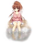  absurdres anapom bad_id bad_pixiv_id barefoot breasts brown_eyes brown_hair casual cleavage feet highres large_breasts long_hair ponytail shorts sitting smile soaking_feet solo taneshima_popura water working!! 