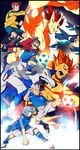  4boys ball bird cape demon endou_mamoru everyone fubuki_shirou goggles gouenji_shuuya group inazuma_eleven inazuma_eleven_(series) jumping kick kicking kidou_yuuto male male_focus mee multiple_boys penguin penguins running soccer soccer_ball uniform white_hair wolf 