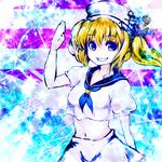  blonde_hair blue_sailor_collar chagu crop_top grin hat kitashirakawa_chiyuri midriff navel sailor sailor_collar sailor_hat short_hair smile solo star touhou touhou_(pc-98) twintails waving 