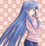  bad_id bad_pixiv_id blue_eyes blue_hair ghost_sweeper_mikami gift highres himuro_kinu long_hair solo sweater tamamon valentine 