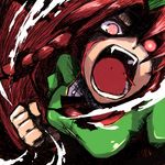  bleeding blood blood_on_face braid clenched_hand daitai_konna_kanji face fangs glowing glowing_eyes hong_meiling injury long_hair lowres open_mouth punching red_eyes red_hair solo symbol-shaped_pupils touhou translated twin_braids 