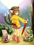  animal_ears blonde_hair boots brown_eyes brown_hair cat cat_ears cat_tail chen eijima_moko flower forest hat hydrangea lily_(flower) minigirl moriya_suwako multiple_girls multiple_tails nature raincoat red_footwear sign smile snail tabby_cat tail touhou tree umbrella 