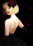  3105 alternate_costume back black black_dress blonde_hair dark dress elbow_gloves flower formal gloves hair_ornament lips lipstick looking_back makeup older realistic red_eyes rose rumia smile solo touhou 