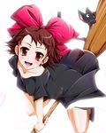  animal bad_id bad_pixiv_id black_cat broom broom_riding brown_hair cat hachimitsu_candy jiji_(majo_no_takkyuubin) kiki majo_no_takkyuubin ribbon short_hair 