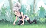  all_fours bare_shoulders black_legwear breasts camisole cleavage collarbone darker_than_black day downblouse grass grey_eyes large_breasts no_shoes outdoors satou_atsuki shorts silver_hair solo strap_slip thighhighs yin 