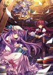  blonde_hair blue_eyes book bookshelf boots broom broom_riding candle capura_lin cup hat head_wings kirisame_marisa koakuma library multiple_girls patchouli_knowledge purple_eyes purple_hair reading red_hair sitting teacup teapot touhou upside-down voile witch_hat yellow_eyes 