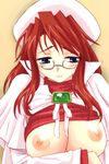  aty_(summon_night) blue_eyes blush breasts breasts_outside glasses large_breasts michael nipples red_hair shirt_lift solo summon_night summon_night_3 