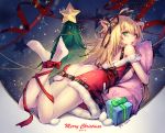  ass bicolored_eyes blonde_hair christmas dk_senie dress green_eyes long_hair nopan original pantyhose ribbons yellow_eyes 