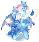  blue_skin dragon_girl fur horns lunastra monster_girl monster_hunter nishieda paws pink_hair pointy_ears red_eyes solo tail wings 