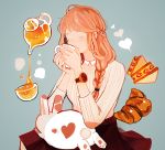  1girl aqua_background artist_name black_skirt braid brown_hair bunny cowboy_shot croissant cup drink drinking eyes_closed food heart klasse14 liquid long_hair long_sleeves original pouring ribbed_sweater signature simple_background sitting skirt spots steam sweater teapot tofuvi watch wristwatch 