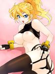  blonde_hair blue_eyes breasts excellen_browning garter_belt large_breasts lingerie long_hair michael panties panty_pull ponytail shirt_lift solo super_robot_wars thighhighs underwear 