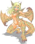  animal_ears blonde_hair blue_eyes breasts dragon dragon_girl large_breasts maebari midriff monster_girl monster_hunter open_mouth personification revealing_clothes solo tagane tail teeth tigrex toned underboob wings wyvern 