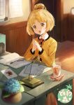  1girl :d bangs blonde_hair blurry book commentary_request cup depth_of_field desk doubutsu_no_mori drinking_glass eyebrows_visible_through_hair flower hair_bun humanization hydrangea ice ice_(ice_aptx) ice_cube iced_tea indoors jacket long_sleeves looking_at_viewer microphone neck_ribbon open_book open_mouth own_hands_together paper parted_bangs pen plant potted_plant red_neckwear red_ribbon ribbon shizue_(doubutsu_no_mori) short_hair smile solo sparkle tanukichi_(doubutsu_no_mori) tile_floor tiles upper_body yellow_eyes yellow_jacket 