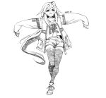  1girl ahoge blush greyscale hair_between_eyes hatching_(texture) highres jacket long_hair monochrome open_mouth original pikat round_teeth shoes short_shorts shorts sleeves_past_wrists smile sneakers solo teeth thighhighs torn_clothes torn_legwear upper_body zipper zipper_pull_tab 