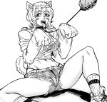  1girl animal_ears bb_(baalbuddy) belt_collar clothes_writing collar cropped_shirt dog_ears dog_girl dog_tags eyebrows_visible_through_hair feet_out_of_frame fuck-me_shirt greyscale highleg highleg_panties highres leash looking_at_viewer meme_attire midriff monochrome monster_girl navel open_fly original out_of_frame panties paw_pose paws pet_play ribbed_legwear shoes short_hair short_shorts shorts simple_background sitting smile socks solo_focus spread_legs tongue tongue_out underwear white_background 