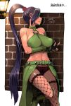  1girl against_wall bare_shoulders belt black_panties boots breasts commentary_request dragon_quest dragon_quest_xi fishnet_legwear fishnets green_belt green_footwear hair_over_one_eye highres lamp large_breasts long_hair martina_(dq11) midriff misonou_hirokichi navel navel_piercing panties piercing ponytail purple_hair solo underwear very_long_hair 