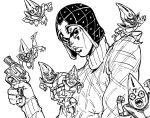  1boy araki_hirohiko_(style) bb_(baalbuddy) closed_mouth greyscale guido_mista gun handgun hat highres holding holding_gun holding_weapon jojo_no_kimyou_na_bouken looking_at_viewer male_focus monochrome revolver sex_pistols_(stand) simple_background solo sweater vento_aureo weapon white_background 