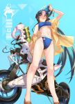  1girl absurdres bangs bare_shoulders bikini black_hair blue_background blue_bikini blue_eyes breasts fate/grand_order fate_(series) ground_vehicle hair_bun highres jacket legs long_hair long_sleeves looking_at_viewer medium_breasts motor_vehicle motorcycle navel off_shoulder ohland open_clothes open_jacket open_mouth parted_bangs side_ponytail smile solo swimsuit ushiwakamaru_(fate/grand_order) ushiwakamaru_(swimsuit_assassin)_(fate) very_long_hair visor_cap water_gun yellow_jacket 