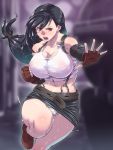  1girl bangs bare_shoulders black_hair black_skirt breasts brown_eyes cleavage clenched_hand commentary_request earrings fighting_stance final_fantasy final_fantasy_vii fingerless_gloves gloves huracan jewelry large_breasts low_tied_hair midriff miniskirt navel open_mouth outstretched_arm panties pencil_skirt red_gloves shirt skirt suspender_skirt suspenders sweat tank_top taut_clothes taut_shirt thick_thighs thighs tifa_lockhart underwear upskirt white_panties 