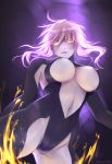  1girl areola_slip areolae artist_name artoria_pendragon_(all) artoria_pendragon_(lancer_alter) blonde_hair breasts colored_eyelashes covered_nipples fate/grand_order fate_(series) fire from_below glowing glowing_eyes groin_tendon highres large_breasts long_hair navel parted_lips saber_ruri scowl solo thighs yellow_eyes 