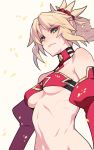  1girl ban bare_shoulders blonde_hair breasts cover detached_sleeves eyebrows_visible_through_hair fate/apocrypha fate/grand_order fate_(series) from_below green_eyes halterneck highres lips long_hair looking_at_viewer looking_down medium_breasts mordred_(fate) mordred_(fate)_(all) no_panties ponytail scrunchie sidelocks simple_background smirk solo underboob white_background wind 