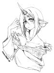  1girl blush breasts cleavage collarbone dungeons_and_dragons earrings fur_trim greyscale hair_between_eyes hatching_(texture) highres horn jewelry medium_hair monochrome parted_lips pikat pointy_ears solo tiefling upper_body 