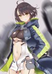  1girl ahoge azur_lane baltimore_(azur_lane) bangs blue_coat blurry blurry_background blush braid breasts brown_hair center_opening character_name clenched_hand coat collar commentary_request cowboy_shot dress eyebrows_visible_through_hair faulds french_braid garter_straps gloves grey_background hair_between_eyes hand_on_hip head_tilt highres hood hood_down hooded_coat john_manjirou_(love-love-happy21) large_breasts long_sleeves looking_at_viewer midriff midriff_cutout multicolored_coat navel number open_clothes open_coat rigging shiny shiny_clothes shiny_hair side_slit sidelocks sleeveless sleeveless_dress smile solo underboob underboob_cutout white_dress white_gloves yellow_eyes zipper zipper_pull_tab 