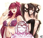  3girls adjusting_eyewear armpits arms_behind_head arms_up bangs bare_shoulders bespectacled bikini black_dress bow bracelet breasts brown_hair center_opening choker cleavage collarbone commentary_request consort_yu_(fate) dress drooling fate/grand_order fate_(series) flower glasses hair_between_eyes hair_bow hair_flower hair_intakes hair_ornament hibiscus jewelry large_breasts long_hair looking_at_viewer medium_breasts multiple_girls navel okitakung open_mouth osakabe-hime_(fate/grand_order) purple_bikini purple_hair red_eyes scathach_(fate)_(all) scathach_(swimsuit_assassin)_(fate) simple_background smile sparkle strapless strapless_dress stylus swimsuit tablet_pc very_long_hair white_background 